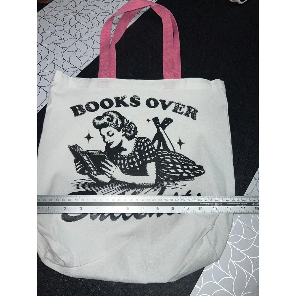 Books Over Bullsh*t Graphic Tote Bag White Pink Straps Canvas